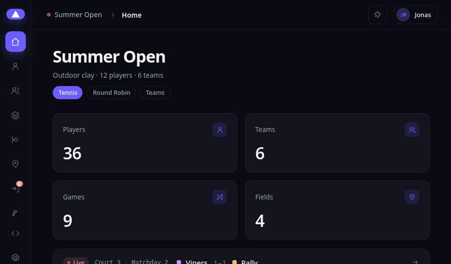 Tap organizer dashboard showing a live tournament with players, teams, games and a live match