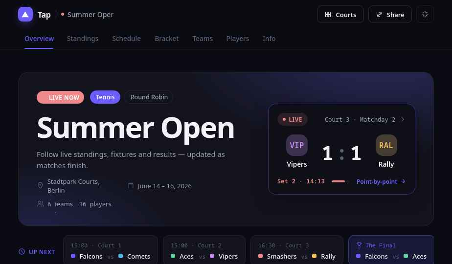 Public tournament page with live match card and up-next fixtures